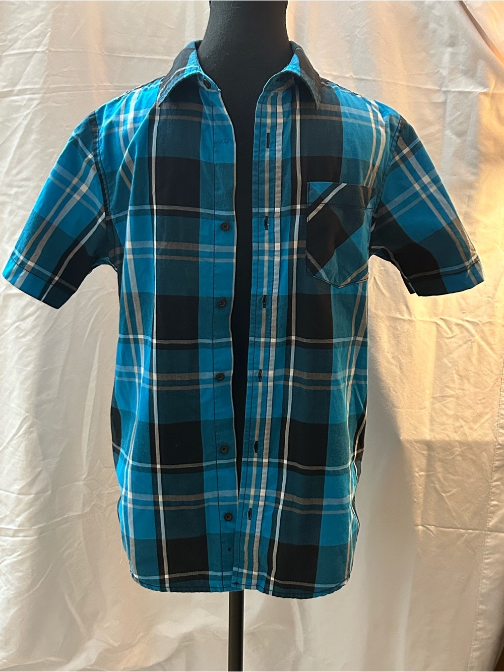 Tony Hawk Turquoise and Black Plaid Short-Sleeve Button-Down Shirt